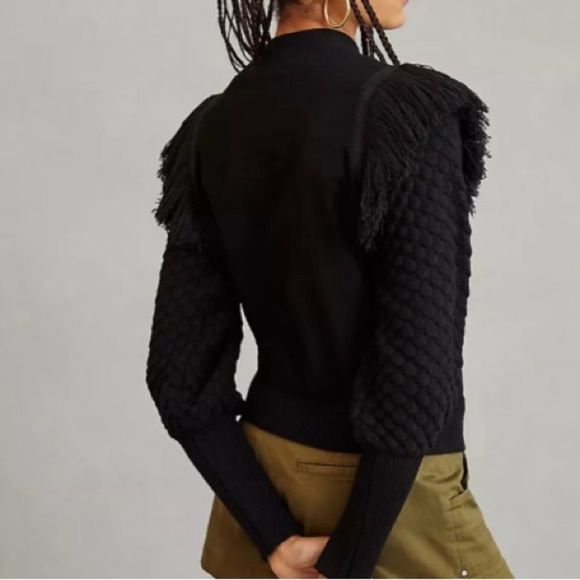Anthropologie Dolan Boho Fringed Knit Sweater Mock Neck Puff Sleeves Black XXS - Picture 4 of 16